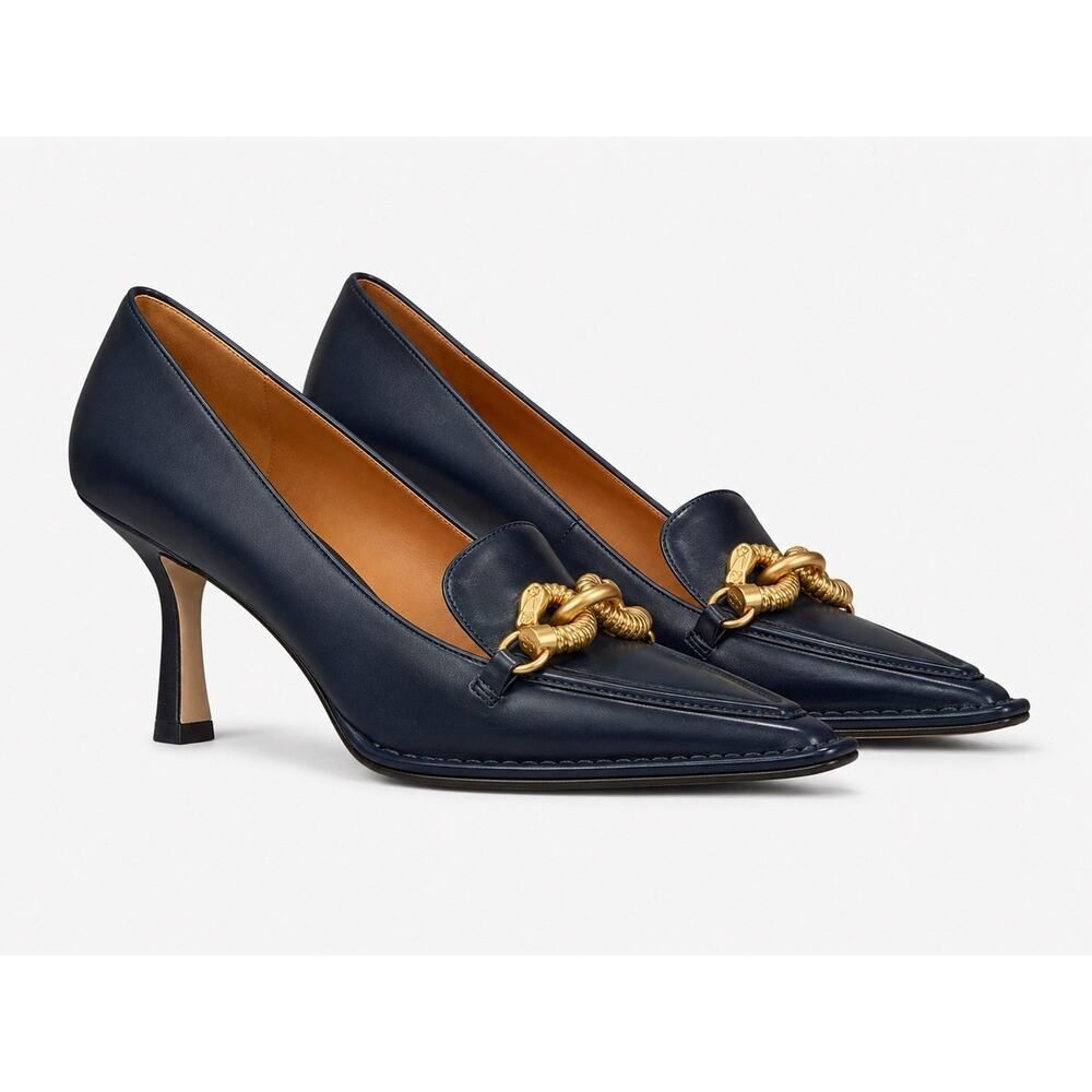 Tory Burch Jessa Pointed Toe Leather Pumps Navy Gold Chain Heels Size 7M